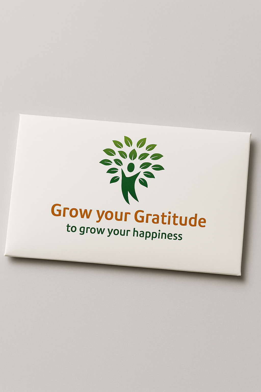White card with green tree icon and text Grow your Gratitude to grow your happiness