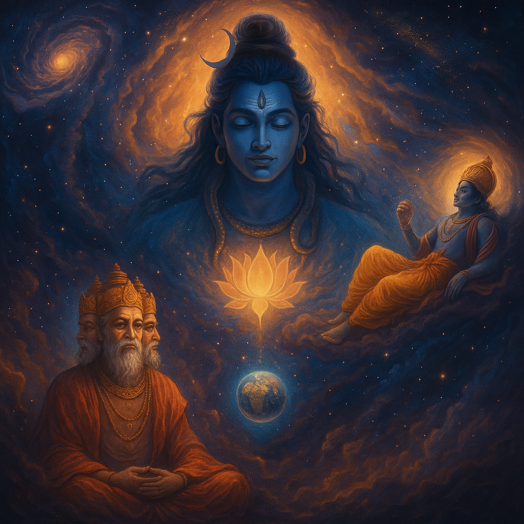 Spiritual cosmic illustration depicting Lord Shiva, Brahma, Vishnu, and planet Earth amid cosmic light and galaxies.
